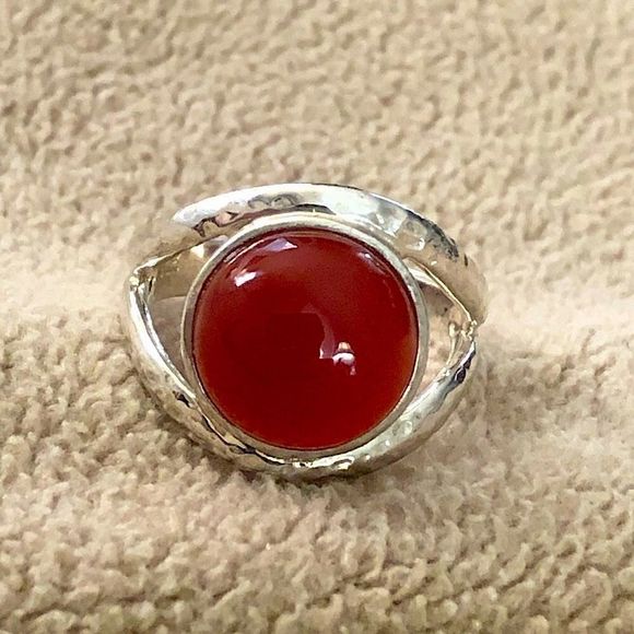Carnelian Cabochon and Sterling Silver Statement Open Band Ring - Picture 6 of 10